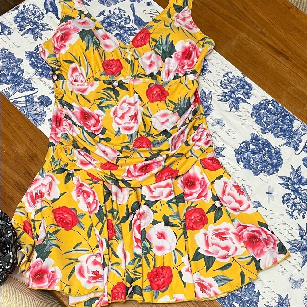 Floral Yellow  with Pink and Red Roses One Piece Swimsuit with Boxershort Under